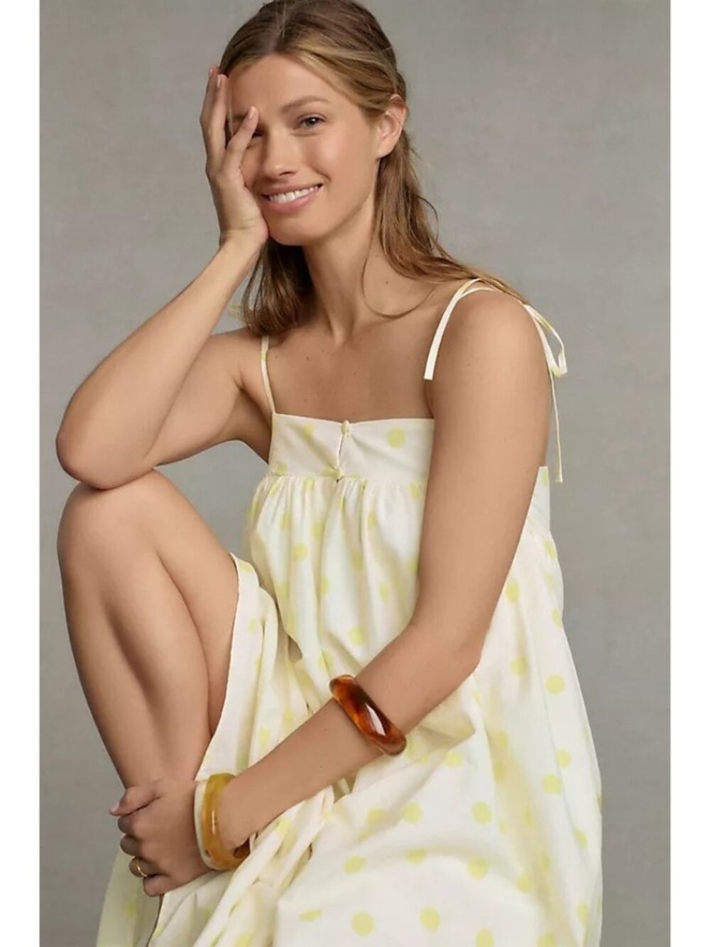 Anthropologie Whit Two small Yellow Polka Dot Maxi Dress Adjustable Strap (X934)